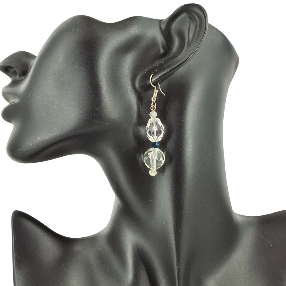 Vintage Style Clear Faceted Glass Blue Crystal Drop Earrings Silver Tone Hooks